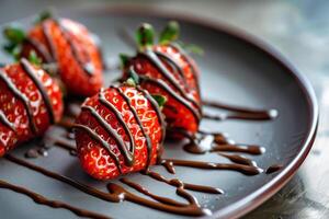 Three strawberries drizzled with chocolate with background photo