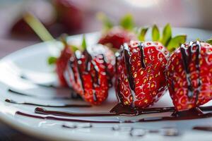 Plate with strawberries and chocolate drizzle on background photo