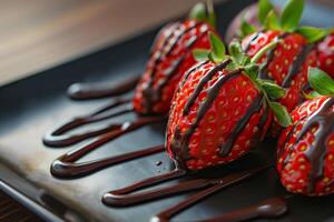 Three strawberries covered in chocolate with background photo