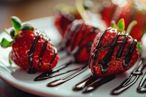 Plate of Strawberries with Chocolate Drizzle on Background photo