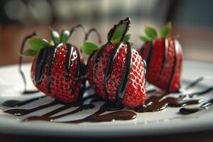 Three Strawberries Drizzled with Chocolate on Background photo