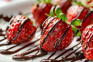 Plate of Strawberries with Chocolate Drizzle on Background photo