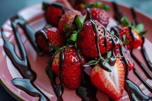 Plate of Strawberries with Chocolate Drizzle on Background photo