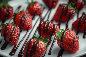 Plate of Strawberries with Chocolate Drizzle on Background photo