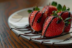 Plate of Strawberries with Chocolate Drizzle on Background photo