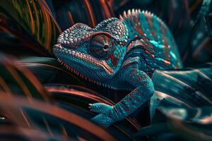 Chameleon Sitting on Leaf in Jungle Background photo