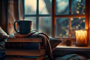 Stack of Books and a Mug of Coffee on Bed Background photo