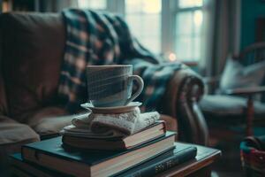 Coffee Cup and a Stack of Books on Table Background photo