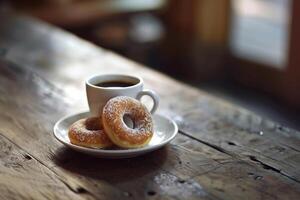 Cup of Coffee and Two Donuts on Table Background photo