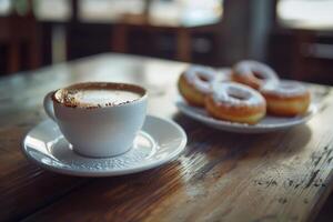 Table with a Cup of Coffee and Two Donuts Background photo