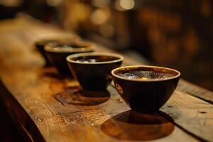 Coffee Cups Lined Up on a Wooden Table photo