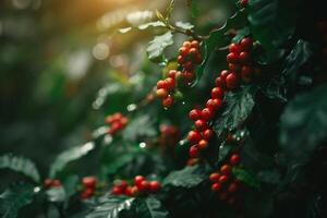 Coffee Beans on a Tree Branch with Sunlight photo