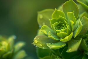 Green Succulent Flowers with Water Droplets and Background photo