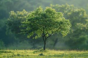Lone Tree Stands in Middle of Green Field photo