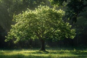 Tree in Field with Sunlight Shining Through photo