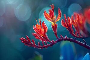 Red Flower with Bright Green Leaves Background photo