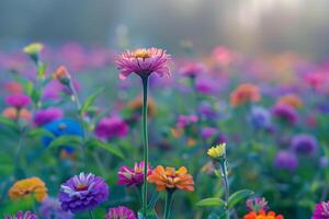 Colorful Flowers in Field with Foggy Background photo