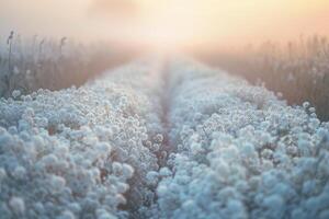 A Field of White Flowers with Fog in the Background photo