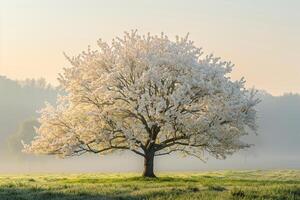A White Tree in a Field with Foggy Morning Background photo