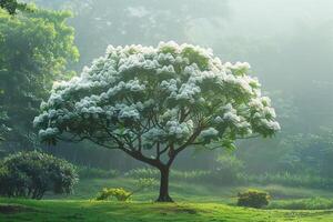 A Tree with White Flowers in the Middle of a Green Field Background photo