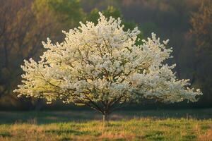 A Tree with White Flowers in the Middle of a Field Background photo