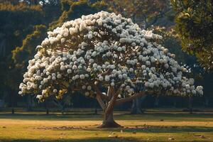A Large Tree with White Flowers in a Park Background photo