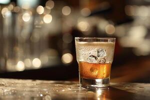 A Glass of Whiskey Sitting on a Bar Counter Background photo