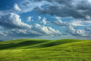A Green Field with Some Clouds in the Sky Background photo