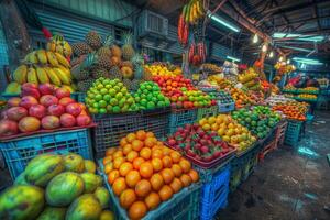 A Fruit Stand with Many Different Types of Fruit Background photo