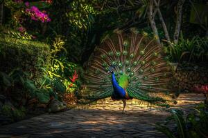 A Peacock Walking on a Paved Path Background photo