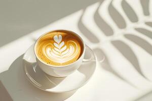 A Cup of Coffee with a Leaf Pattern on Top photo