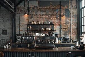 A Coffee Shop with a Brick Wall and a Bar with Background photo
