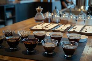 A Table with Many Different Types of Coffee with Background photo