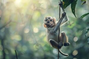 A Ba Monkey Hanging from a Tree Branch with Background photo