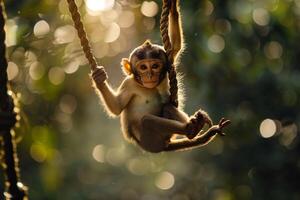 A Monkey Hanging from a Rope in the Forest with Background photo