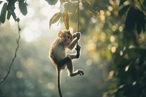 A Monkey Hanging from a Tree Branch in the Forest with Background photo