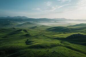 A Large Green Field with Mountains in the Background with Background photo
