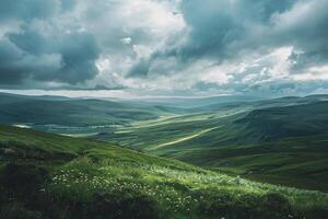 A Green Valley with Grass and Flowers Under a Cloudy Sky with Background photo