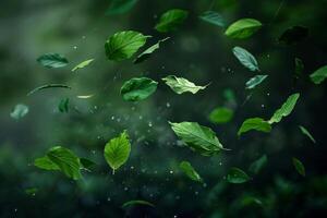 Green Leaves Falling from the Sky in the Rain Background photo
