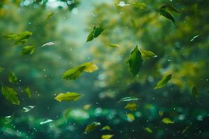 Green Leaves Falling from the Sky in a Forest Background photo