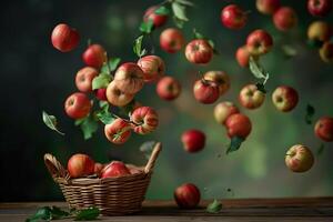 A Basket Full of Apples is on a Table Background photo