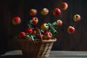 A Basket Filled with Apples Falling from the Sky Background photo