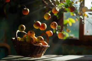 A Basket Filled with Apples on a Table Background photo
