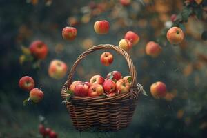 A Basket Full of Apples is Flying in the Air Background photo