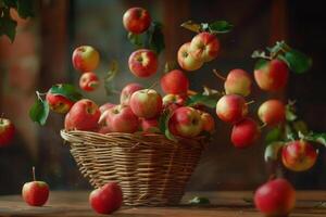 a basket full of apples on a table background photo