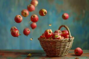 a basket full of apples on a table background photo