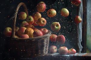 a basket full of apples is sitting on a window sill background photo