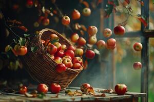 a basket full of apples on a table background photo