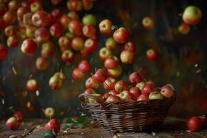a basket full of apples on a table background photo