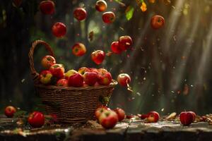a basket full of apples on a table background photo